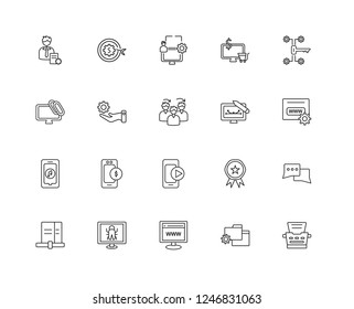 Set Of 20 linear SEO WEB icons such as Typewriter, Folder, Browser, Bug, Sharing archives, Key, De, Video, Music, Gear, Network, editable stroke vector icon pack