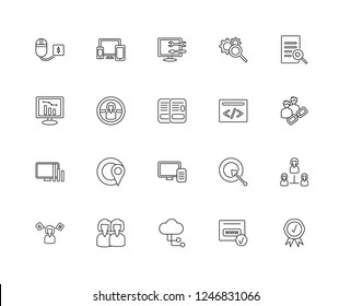 Set Of 20 linear SEO WEB icons such as Quality, Domain registration, Cloud computing, Customer, Translation, Search, Coding, Blogging, Stats, Target, De, editable stroke vector icon pack