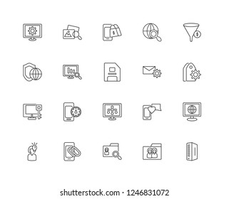 Set Of 20 linear SEO WEB icons such as Server, Sha folder, Search, Link, Idea, Funnel, Email, Sitemap, Keywords, Monitoring, Online shop, editable stroke vector icon pack