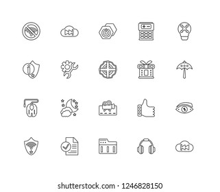 Set Of 20 linear settings icons such as Rewind, Headphones, Folder, Check, Shield, Maximize, Gift, Movie, Mouse, Settings, Power button, editable stroke vector icon pack