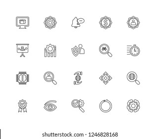 Set Of 20 linear Startup icons such as Thinking, Quick, User experience, Crowdfunding, Quality, Skills, Expand, Planning, editable stroke vector icon pack