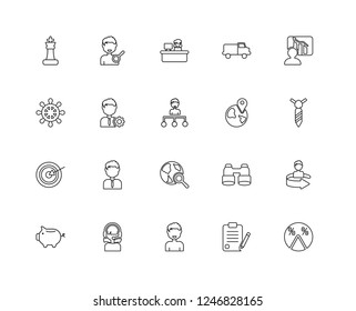 Set Of 20 linear Strategy icons such as Pie chart, Contract, Man, Admin, Piggy bank, Growth, Location, Worldwide, Target, Manager, Office, editable stroke vector icon pack