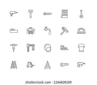 Set Of 20 linear tools icons such as Driller, Saw, Traffic cone, Forklift, Ladder, Paint brush, roller, Helmet, Jackhammer, Toolbox, editable stroke vector icon pack