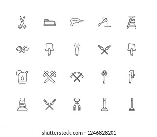 Set Of 20 linear tools icons such as Gardening Rake, Pallete, Open Scale, Hammer and Nail, Cone, Carpenter Saw, Antique Key, Ax, editable stroke vector icon pack