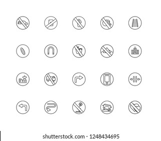 Set Of 20 linear traffic signs icons such as Lovemaking, Hospital, Railway, No bombs, Traffic, gambling, Phone, Surf, editable stroke vector icon pack