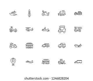 Set Of 20 linear Transport icons such as Lorry, Dumper, Fire truck, Caravan, Hot air balloon, Rocket, Van, Motorcycle, editable stroke vector icon pack