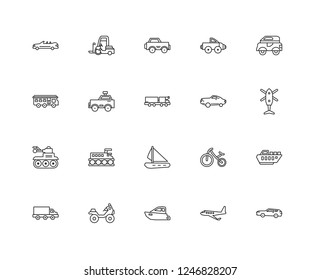 Set Of 20 linear Transport icons such as Car, Aeroplane, Boat, Motorcycle, Van, Tuk tuk, Sailboat, Tank, Taxi, editable stroke vector icon pack