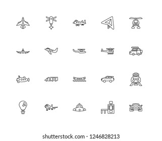 Set Of 20 linear Transport icons such as Sports car, All terrain, Helicopter, Airplane of paper sheet, Hot air balloon, SUV, Airplane, editable stroke vector icon pack