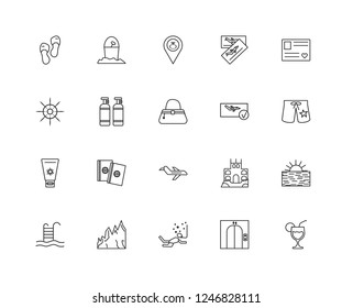 Set Of 20 linear travel icons such as Cocktail, Swimsuit, Postcards, Tickets, Swimming pool, Sand bucket, castle, Helm, editable stroke vector icon pack