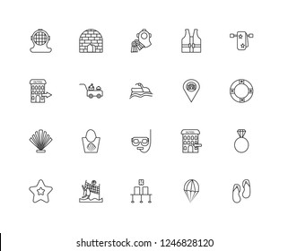 Set Of 20 linear travel icons such as Flip flops, Lifebuoy, Towel, Lifejacket, Starfish, Igloo, Check in, out, editable stroke vector icon pack