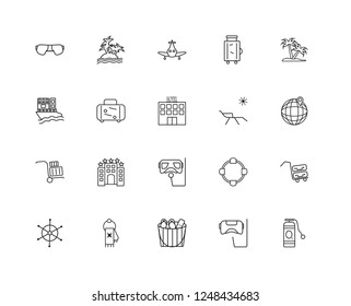Set Of 20 linear travel icons such as Oxygen tank, Aqualung, Beach bag, Towel, Helm, Palm tree, Sunbed, Snorkel, Trolley, Luggage, Airplane, editable stroke vector icon pack