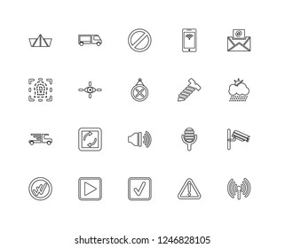 Set Of 20 linear user interface signs icons such as Wifi, Rain, Email, Phone, Double Checking, Van, Microphone, Finger Prints, editable stroke vector icon pack