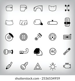 Set of 20 linear vehicle icons. Vehicle parts and design icon set.