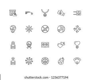 Set Of 20 linear word peace icons such as Turkey, Pigeon, Peace, Man, Nuclear, Bible, Woman, editable stroke vector icon pack