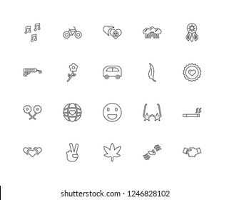Set Of 20 linear word peace icons such as Handshake, Dove, Cannabis, Victory, Love, Dreamcatcher, Feather, Happy, Flower, Hearts, editable stroke vector icon pack