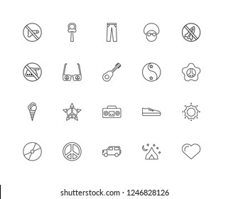 Set Of 20 linear word peace icons such as Heart, Tent, Car, Pacifism, Vinyl, Yin yang, Boombox, Ice cream, Sunglasses, Jeans, editable stroke vector icon pack
