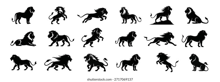 Conjunto de 20 siluetas de león en varias poses, aisladas sobre un fondo blanco puro. Ideal para proyectos de diseño, logotipos y branding.