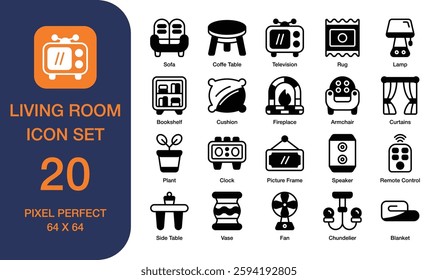 Set of 20 living room icons. Perfect for interior design websites, flyers, and home decor graphics projects.