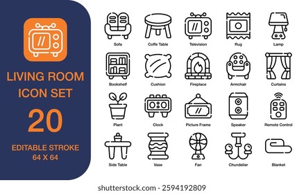 Set of 20 living room icons. Perfect for interior design websites, flyers, and home decor graphics projects.