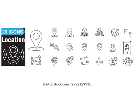 Set of 20 location line icons featuring GPS pins, maps, directions, routes, navigation, and travel symbols. Perfect for use in mapping apps, travel websites, delivery services, logistics, and geolocation projects. Modern, clean, and editable vector outline style suitable for infographics, mobile UI design, and global business presentations. Ideal for representing wayfinding, data tracking, and destination concepts.

