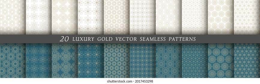 Set of 20 luxurious vector seamless patterns. Gold floral patterns on a white and emerald background. Modern illustrations for wallpapers, flyers, covers, banners, minimalistic ornaments
