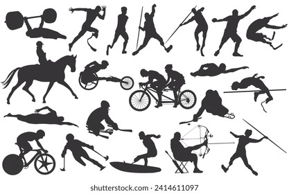 Set of 20 male athletes with disability vol.2. Cutout solid icons. Men sport player silhouettes vector illustration.