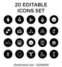 Set of 20 man filled and outline icons such as elevator, man with case, sad emot, angry emot, courier, communication, woman speaker, favourite user, trampoline, power lifter
