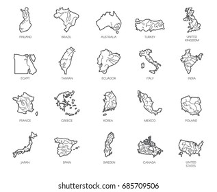 Set of 20 maps in linear style of different countries - England, America, Asia, Europe. Outline icons for atlas, cartography, education projects, article, travel sites and other design needs. Vector 