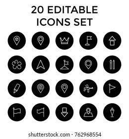 Set of 20 marker outline icons such as flag, location, pen, paintball, arrow up, arrow down, navigation arrow, location pin, highlighter