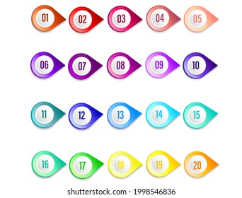 Set of 20 markers, pointers. Infographic icon. Indicator points, positioning pin. Collection of colorful pins,
symbols on a white background Markers with numbers from 1 to 20. Vector illustration.