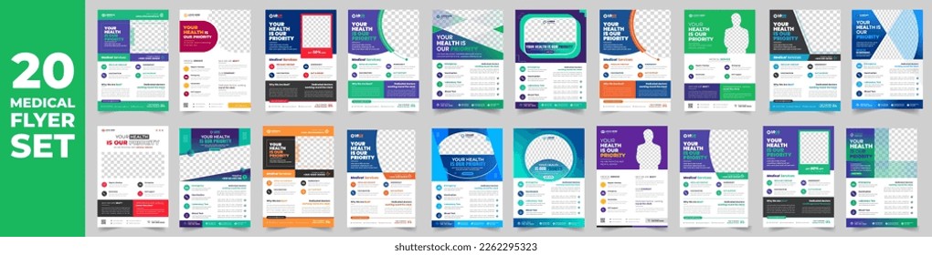 set of 20 Mega collection medical health care doctor flyer design template. medical healthcare flyer bundle. healthcare flyer set. set of 20 Item medical healthcare flyer with unique shapes.