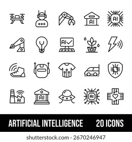 Conjunto de 20 ícones mínimos de inteligência artificial que representam o impacto da IA em diversos setores