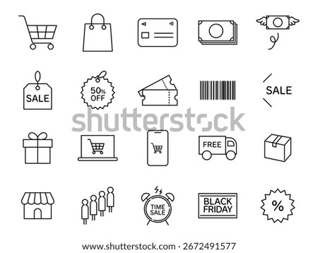 A set of 20 minimal line icons for Black Friday sales and promotions. Includes shopping cart, discount tag, coupon, barcode, delivery, and more. Perfect for web banners, apps, and marketing.