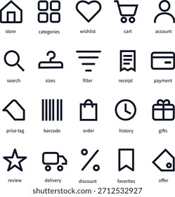 Conjunto de 20 iconos de compras de Vector mínimo para la tienda en línea: Carrito, pago, entrega, catálogo, descuentos, favoritos, Cuenta, pedidos y otros Elementos de interfaz.
