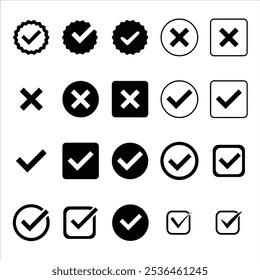 A set of 20 minimalist black and white icons featuring checkmarks and crosses. Includes various styles: circular, square, and jagged frames, plus standalone symbols.