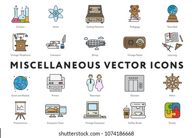 Set of 20 Miscellaneous Minimal Flat Line Icons. Science, Atom, Pedagogy, Vintage Telephone and Radio, Literature, Blimp, Learning, Printer, Restroom, Elevator, Helm, Presentation, Puzzle.