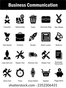 A set of 20 Mix icons as campfire, setting map, trash