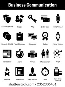 A set of 20 Mix icons as television, badge, wrist watch, newspaper