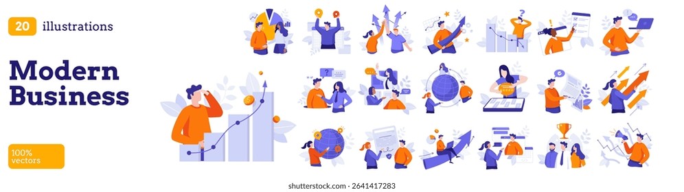 Set of 20 modern business vector illustrations with various characters for digital content. Growth, leadership, and teamwork concept for web graphic.