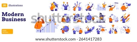 Set of 20 modern business vector illustrations with various characters for digital content. Growth, leadership, and teamwork concept for web graphic.