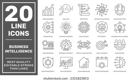 Conjunto de 20 iconos de línea modernos relacionados con estrategia, administración, sistema, inteligencia de negocios. Sencillos pictogramas mono-línea y símbolos de diseño de infografía. Stroke editable. EPS 10