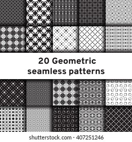 Set of 20 monochrome seamless patterns. Universal different vector patterns. Geometric ornaments. Collection black and white vector backgrounds.