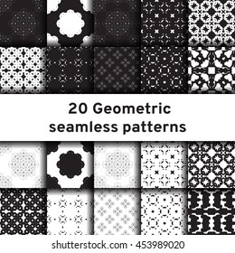 Set of 20 monochrome seamless patterns. Universal different vector patterns. Geometric ornaments. Collection black and white vector backgrounds. Pattern. Pattern. Pattern. Pattern. Pattern. Pattern.