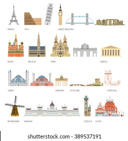 Set Of 20 Monuments And Landmarks Of Europe. Vector Illustration