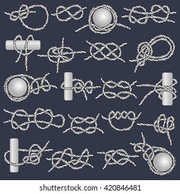 Set of 20 most used nautical rope knots. Basic hand drawn marine cord signs. Illustration for navy design. Vintage elements for posters, prints, decorations or logo.