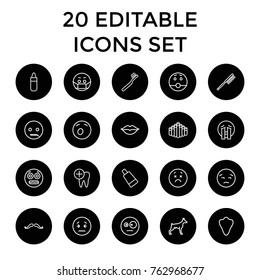 Set of 20 mouth outline icons such as animal fang, dog, mustache, lipstick, toothbrush, cream tube, upset emot, surprised emot, crying emoji, shocked emoji, emoji in mask