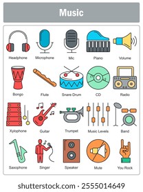 A set of 20 music icons as headphone, microphone, mic
