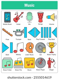 A set of 20 music icons as mobile music, guitar, mic
