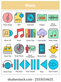 A set of 20 music icons as music notes, mp3, hard disk
