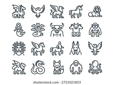 Set of 20 mythical creatures line icons. Vector illustration of dragon, phoenix, unicorn, mermaid, sphinx and other legendary beasts. Black outline style on white background.